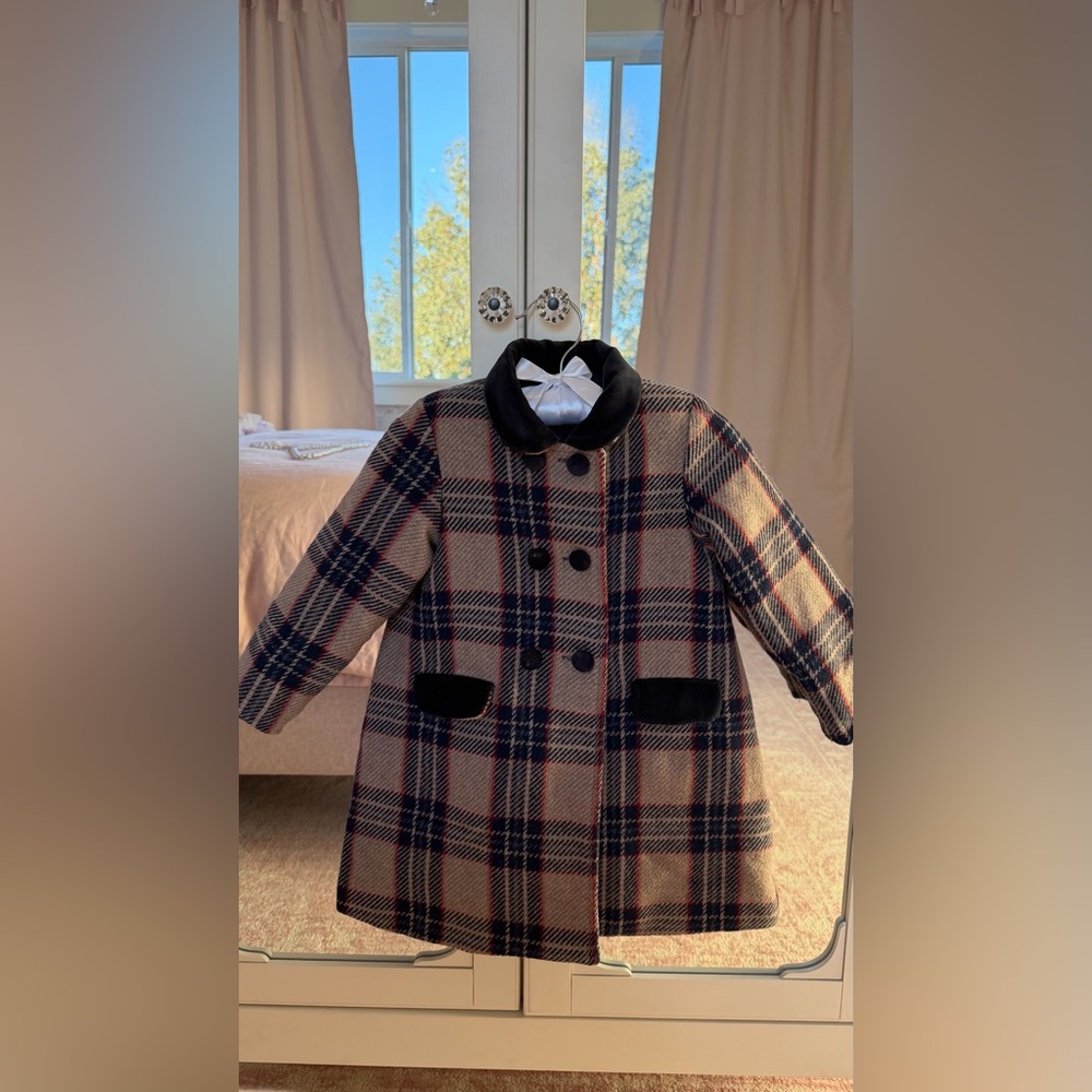 Classic Plaid Kids Pea Coat with Black Details